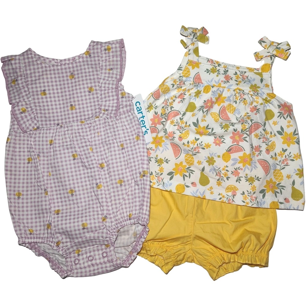Carter's 9‎ Mos Romper Outfit Lot 2pc Tropical Set Purple Bumble Bee  NWT